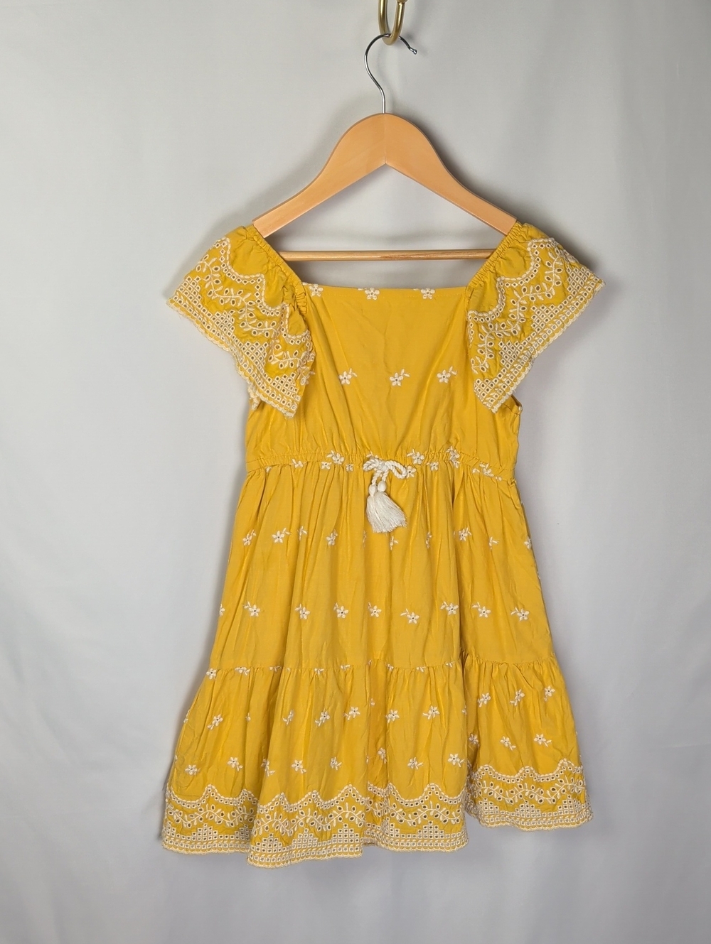 Mayoral Girls Yellow Broderie Anglaise Tiered Cotton Dress Size 7EU